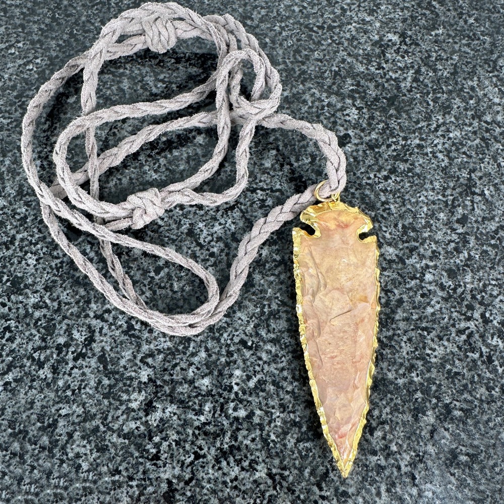 Large Pink Tourmaline Arrowhead Pendant Gold Foil Edge Braided Leather‎ Cord